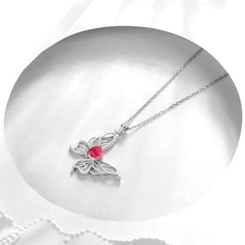 Filigree Butterfly Birthstone Pendant Necklace - 925 Sterling Silver Firework-Cut Heart Cubic Zirconia Twine Butterfly Necklace Anniversary Birthday Jewelry Gift for Women Wife Mom Daughter (07-July) - Thumbnail 3
