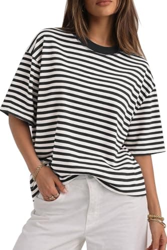 CHYRII Womens Oversized Striped T Shirts Summer Tops Short Sleeve 2026 Fashion Crewneck Loose Fit Y2K Clothes (Black S) - Image 1