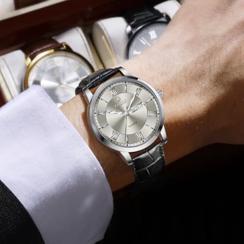 Taxau Mens Leather Watch Mens Wrist Watches Waterproof Analog Watches for Men Dress Watch Grey Dial Black Leather Band Luminous for Large Wrist Roman Number reloj de Hombre - Thumbnail 2