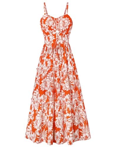 GRACE KARIN Summer Dresses for Women 2026 Beach Vacation Floral Sundresses Casual Boho Flowy Maxi Clothes with Pockets Orange White Floral XL - Image 1