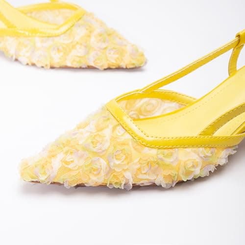 RUSAUISE Women's Close Toe Slingback Floral Kitten Heels Sandals Pointed Toe Mesh Low Heeled Buckle Strap Flowers Dressy Pump Shoes for Wedding Party Yellow Size 6 - Thumbnail 2