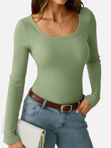 GKBK Long Sleeve Tops for Women Ribbed Knit Scoop Neck Slim Fitted Tight Basic Tee Shirts Lightweight Fall Sweaters 2025 Fashion Trendy Outfits Light Green - Thumbnail 2