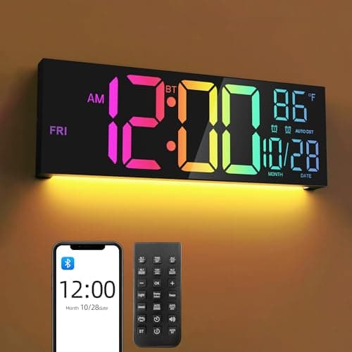 Mee 2ou 16.5" Digital Wall Clock Black with Bluetooth Auto-Sync,Large LED Display,Smart Auto Dimming,DST,Remote Control, Night Light, Date & Temperature for Living Room - Image 1