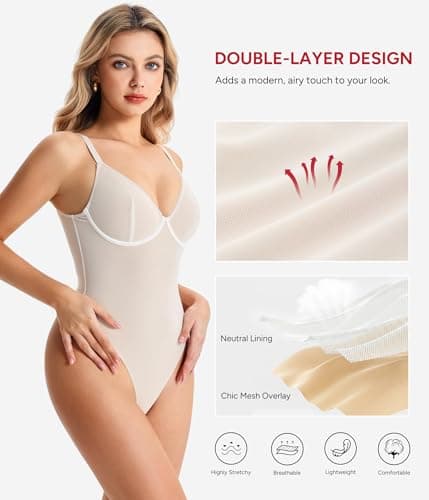 Nebility Shapewear Bodysuit for Women tummy control - V Neck Thong Body Suit with Underwire, Low back Going Out Tops - Thumbnail 3