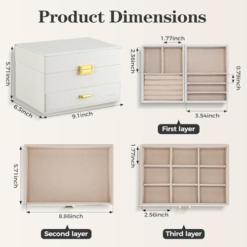 Dajasan Jewelry Organizer Box, Large Jewelry Boxes for Women Girls, Compact 3 Layers Jewelry Storage Case with Drawer, Movable Metal Stand, Modern, Gift Idea (Cloud White + Gold) - Thumbnail 3