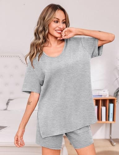 Totatuit Matching Sets for Women Summer 2 Piece Outfits Oversized Tee and Bermuda Shorts Lounge Set Comfy Sleepwear for Travel and Daily Wear Grey X-Large - Thumbnail 4
