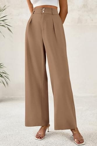 CFLONGE Women Wide Leg Dress Pants High Waist Work Trousers Button Pleated Slacks Palazzo Pants Business Casual Outfits(Khaki,XX-Large) - Thumbnail 2