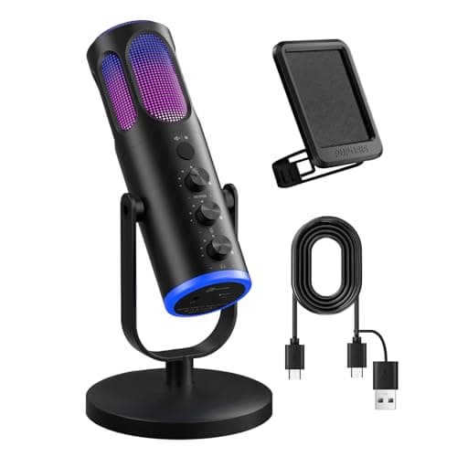 PUPGSIS Gaming Microphone for PC, Noise Cancellation Condenser Mic with RGB Lights, Mute, Monitoring, Pop Filter, Desktop-Mic for Streaming/Podcasting/Recording/Gaming Equipment, Plug & Play-Black
