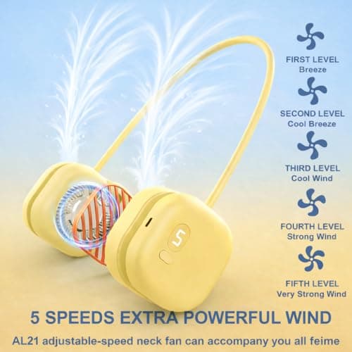 Suzii Battery Powered Neck Fan That Blows Cold Air - Portable Hands-Free Bladeless Fan w/LCD Display | Birthday Gifts for Men, Adjustable 5 Speeds, Ultra Lightweight for Travel, Gym, Office -Yellow - Thumbnail 6
