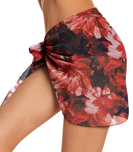 Swimsuit Coverups for Women Sarong Beach Bikini Wrap Sheer Short Skirt Chiffon Scarf for Swimwear (Deep Red Flowers,XL) - Thumbnail 5