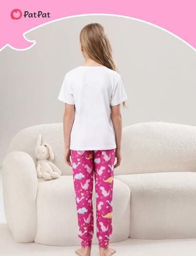 PATPAT Girls Pajama Set Playful Print PJs Soft Short Sleeve Top and Pants Sleep Wear Comfortable 2pcs Nightwear Sets Hot Pink Dinosaur 6 Year - Thumbnail 4