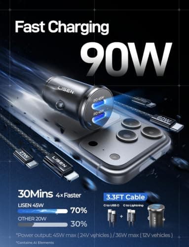 LISEN 90W USB C Car Charger Fast Charging for iPhone 17 Car Charger USB C Fast Charge, Type C Car Charger for iPhone 17 Pro Max 16 15 14 13 12 11, for Samsung S26 S25 S24 [Lighning & USB-C] - Thumbnail 3