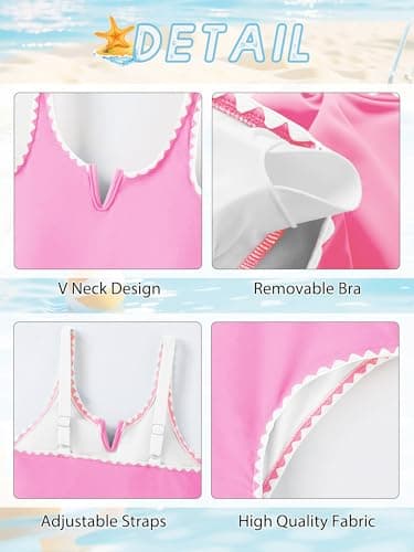 AMAWMW Girls Swimsuit One Piece Swimsuits Contrast Color V-Neck Bathing Suit Adjustable Straps Girls' Swimwear Pink 11-12Y - Thumbnail 5