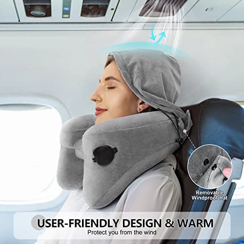 Sunany Neck Pillow for Travel Inflatable Airplane Pillow Comfortably Supports Head,Neck and Chin,Inflatable Travel Pillow with Soft Velour Cover,Hat,Portable Drawstring Bag (Grey) - Thumbnail 5