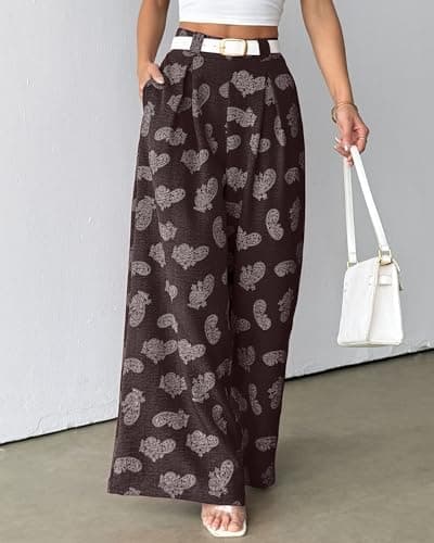 Bsubseach Women Palazzo Pants Modern Boho Floral High Waisted Wide Leg Pants Summer Causal Beach Trousers with Pockets Brown XL - Thumbnail 3