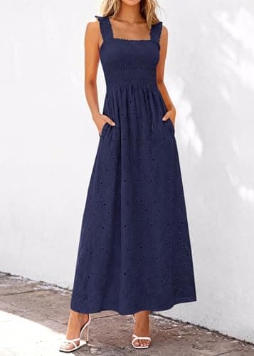 KIRUNDO Summer Lace Dress Vacation Outfits for Women 2026 Wedding Guest Dresses Maxi Beach Boho Sleeveless Cotton Sundress (Navy, X-Large) - Thumbnail 6