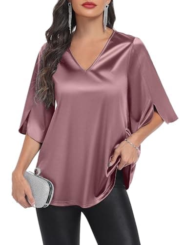 Qnursma Women’s Stretch Satin Blouses for Women Dressy Casual Elegant V Neck Tops for Women 3/4 Sleeve Flowy A-Line Silky Shirt for Wedding Guest Evening Party Outfits Church Work Clothes Dusty Rose - Image 1