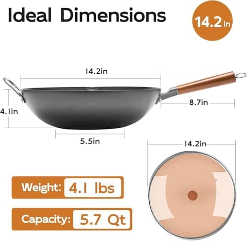 WANGYUANJI Carbon Steel Wok 14.2", Large Nitriding Flat Bottom Stir Fry Pan with Lid, No Chemical Coating Rust Resistant Iron Skillet for Induction Electric Gas Stoves, Big Capacity Serves 6+ - Thumbnail 5