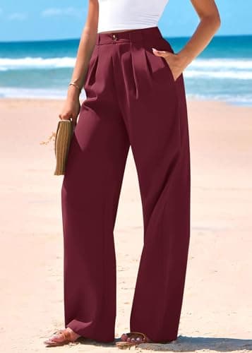 KIRUNDO Wide Leg Dress Pants for Women High Waisted Office Work Trousers Business Casual Slacks Button Flowy Palazzo Pant(Burgundy, XX-Large) - Thumbnail 3
