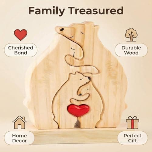 Personalized Wooden Bears Family Puzzle with Heart Decorations, Blank Bear Sculptures with Base for Home Decor, Housewarming Birthday Gift for Parents (4 Bears) - Thumbnail 6