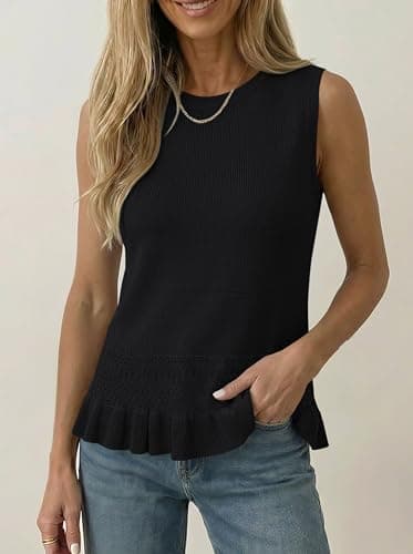 LaGracia Crochet Tops for Women Sleeveless Crew Neck Peplum Cropped Sweaters Vest Lightweight Tank Tops Summer Vacation Outfits Black S - Thumbnail 3