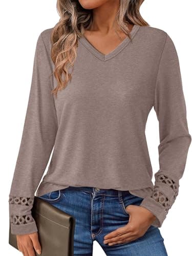 GKBK Women’s Long Sleeve V Neck Tunic Top Casual Dressy Blouse Business Loose Fit Trendy 2025 Fall Outfits Coffee XXL - Image 1