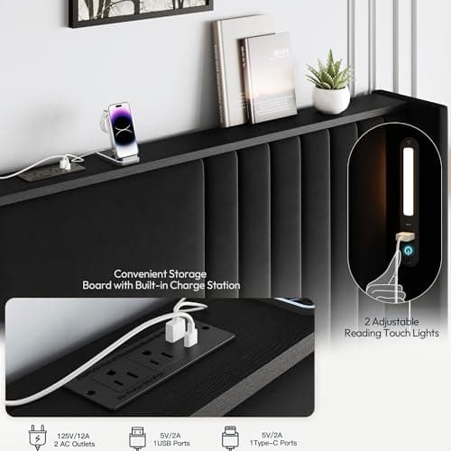 Uteeran King Size Bed Frame with 55.1" Tall Headboard, Velvet Upholstered Platform Bed with Channel Tufted Wingback, 2 Reading Lights/Storage Shelf/Charging Station/Easy Assembly/Noise-Free, Black - Thumbnail 3