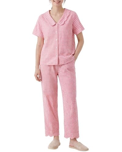 Bgylu Womens 100% Cotton Gingham Pajama Set 2 Piece Babydoll Sleepwear Short Sleeve Ruffle V Neck Button Top and Pants Cute Cozy Lounge Y2k PJs Pink - Image 1