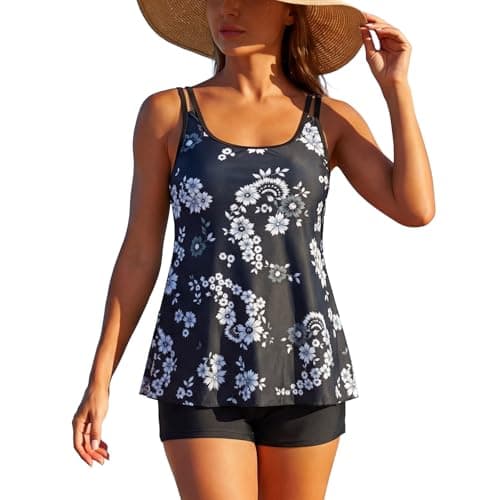 Two Piece Tankini Swimsuits for Women Plus Size Tummy Control Bathing Suits with High Waisted Boyshorts Bottom Long Torso Top Black and White - Image 1