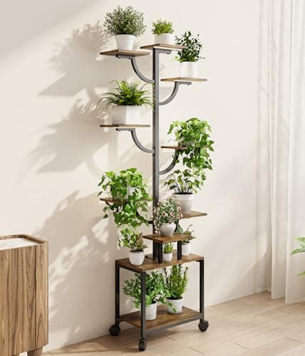 Plant Stand Indoor with Grow Lights - 9-Tier Plant Stand with Wheels, Tall Metal and Wood Indoor Plant Shelf with Tree Design, Rolling Flower Pot Holder Rack with Waterproof Finish, Adjustable Display Stand for Home Garden, Patio, 62" Tall - Thumbnail 2