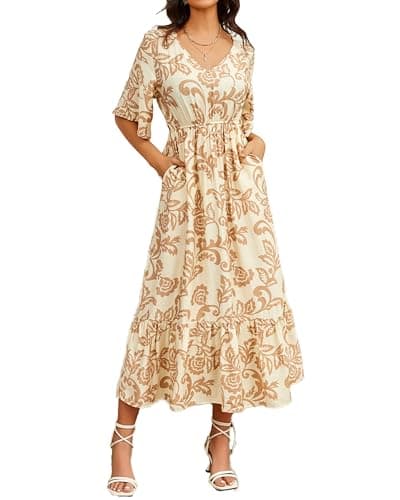 Women Elbow 3/4 Sleeve V Neck Empire Waist Brown Taupe Vintage Scroll Floral Print V Neck Royal Viscose Lightweight Loose Fit Maxi Long Large Dress with Pockets for Seniors Summer Casual Brunch - Image 1