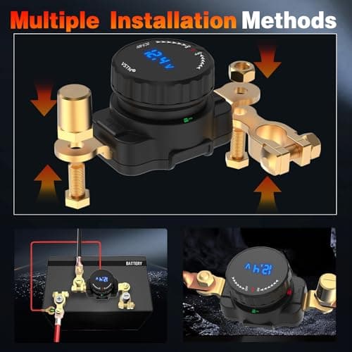 Top Post Battery Disconnect Switch with Voltmeter, 5V-80V Car Battery Disconnect Switch, Negative On/Off Master Isolator Power Cut Shut Off for Car, RV, Boat, Truck, ATV - Thumbnail 6