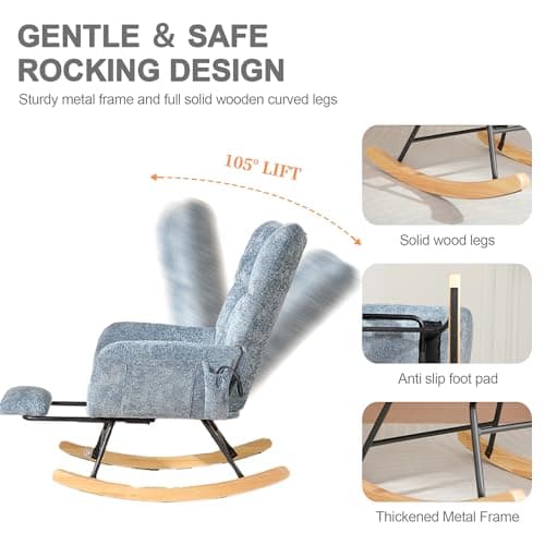 Chistronger Rocking Chair Nursery with Airbag, Comfy Modern Nursery Rocking Reading Chair Indoor with Footrest, Cozy Upholstered Glider Rocker Chairs for Living Room Bedroom Offices(Chenille, Blue) - Thumbnail 5