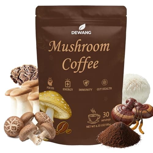Mushroom Coffee 6 Mushroom Instant Blend with Lion’s Mane, Cordyceps, Reishi, King Trumpet, Shiitake & Turkey Tail – Supports Energy, Focus, Mood & Immune System – 30 Servings