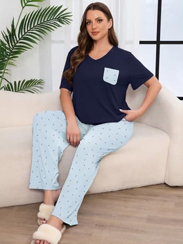 AusLook Plus Women Pajamas Set 2 Piece Lounge Sets Short Sleeve Top and Full Length Pant Chest Pocket Matching Maternity Christmas Print Lamb Print Light Blue 4X Pjs Loungewear Sleepwear - Thumbnail 5