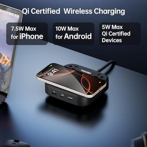 Teleadapt GaN Multi Charging Station 67W, 6-in-1 iPhone Charger Station with USB Ports, Wireless Charging, 2× AC Outlets, Desktop/Bedside/Nightstand Power Station, Hotel-Grade Design, Black - Thumbnail 4