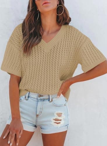 Dokotoo Tops for Women Trendy 2025 Spring Summer Blouses Elegant V Neck Hollow Out Solid Short Sleeve Shirts Cute Lightweight Relaxed Baggy Sweaters Casual Work Business Loose T-Shirts Khaki XL - Thumbnail 2