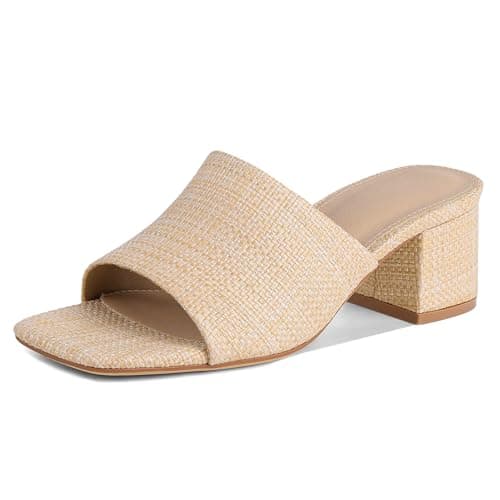 MeiLuSi Women’s Raffia Sandals Chunky Heel Sandals Square Toe Mules 7.5