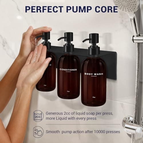 KLL Shampoo and Conditioner Dispenser - Wall Mounted Shower Soap Dispenser - 17oz No-Drill Refillable Plastic Pump Bottles for Bathroom - Includes Soap Dish & Hook (Brown) - Thumbnail 5