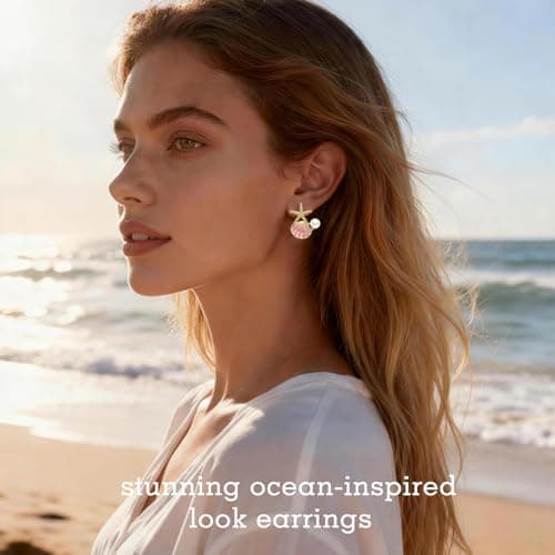 Stainless Steel Starfish & Seashell Summer Beach Earrings for Women, Pink - Thumbnail 3