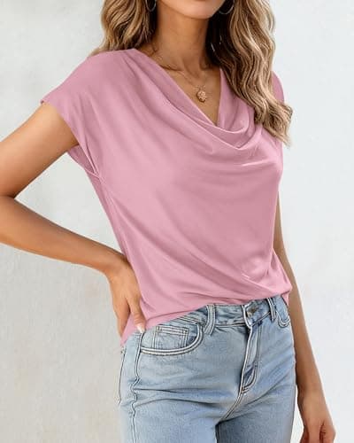 BTFBM Cowl Neck Tops for Women 2026 Summer Womens Tops Dressy Casual Business Blouses Short Sleeve Shirts Spring Outfits(Pink, Small) - Thumbnail 5