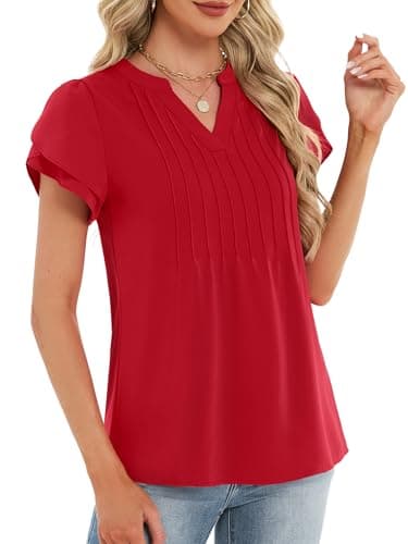 Funlingo Womens Tops Dressy Casual 2026 Short Petal Sleeve Tunic Blouses Spring V Neck Loose Flowy Dress Shirt Elegant Clothes Red XL - Thumbnail 4