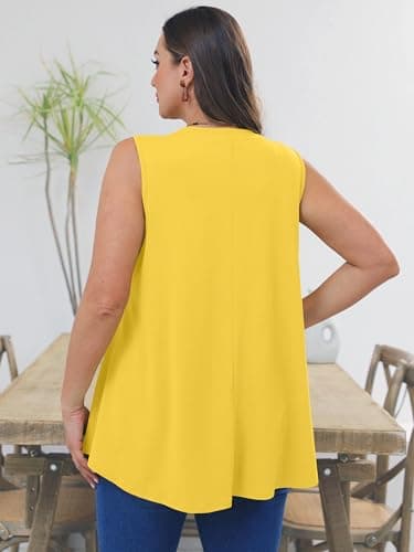 AusLook Plus Size Women's Tank Tops Bright Yellow 3X Summer Casual Crew Neck Sleeveless Flowy Loose Fit Boho Tops 2025 Basic Loose Dressy Work Holiday Shirts Business Outfits - Thumbnail 2