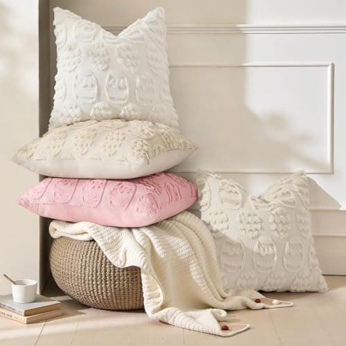 decorUhome Cream White Faux Fur Egg Throw Pillow Covers 18x18 Set of 2 - Thumbnail 2
