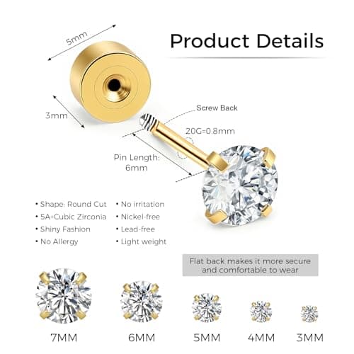 MHWTTY Hypoallergenic Cartilage Earrings for Women Men, 1 Pairs Titanium Stud for Women Gold Silver Black 20G Post & Screw Back with Cubic Zirconia 3 4 5 6 7 mm Piercing Jewelry (Gold-A, 5mm) - Thumbnail 5