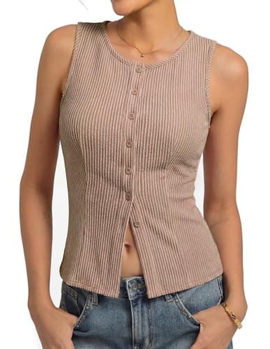 Kate Kasin Womens Camel Button Up Tank Tops Trendy 2026, Summer Ribbed Sweater Vest, Sleeveless Going Out Outfits 2XL - Image 1