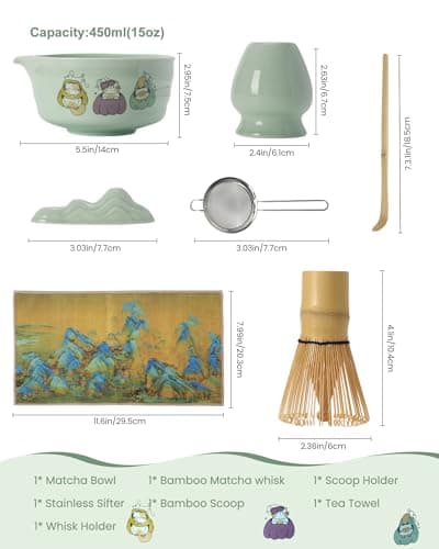 Matcha Whisk Tea Set Kit Japanese Matcha Kit - Matcha Bowl, Matcha Whisk and Holder, Bamboo Scoop, Scoop Rest, Sifter and Tea Towel - for Tea Ceremony Breakfast Lattes - Home Kitchen Christmas(Green) - Thumbnail 2