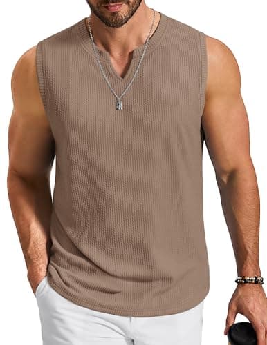 COOFANDY Mens Casual Knit Tank Sleeveless v Neck tee Shirts Textured Beach Breathable Tanks, Khaki, XX-Large - Image 1
