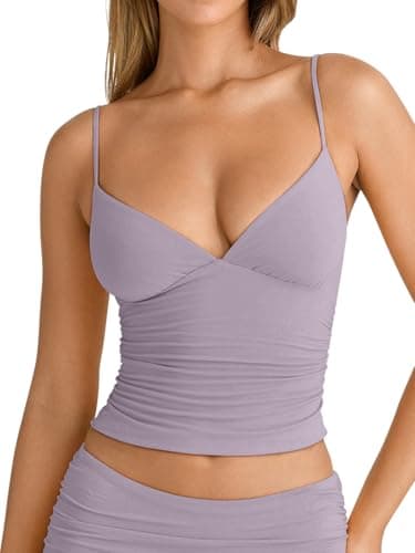 PINKMSTYLE Women's Summer Deep V-Neck Ruched Crop Tank Top Sexy Sleeveless Double Lined Crop Top Lavender Small - Image 1