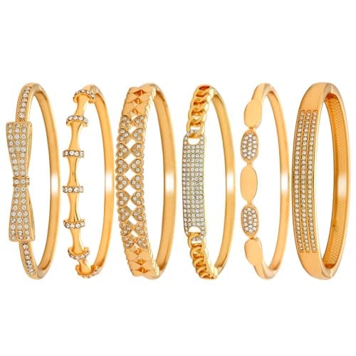 6 Pack 18K Gold Plated Bangles Bracelet Set for Women, Dainty Vintage Trendy Fashion Jewelry, Ideal Gift for Birthday Christmas Valentine's Day Mother's Day for Girlfriend Wife Mom Sister - Image 1